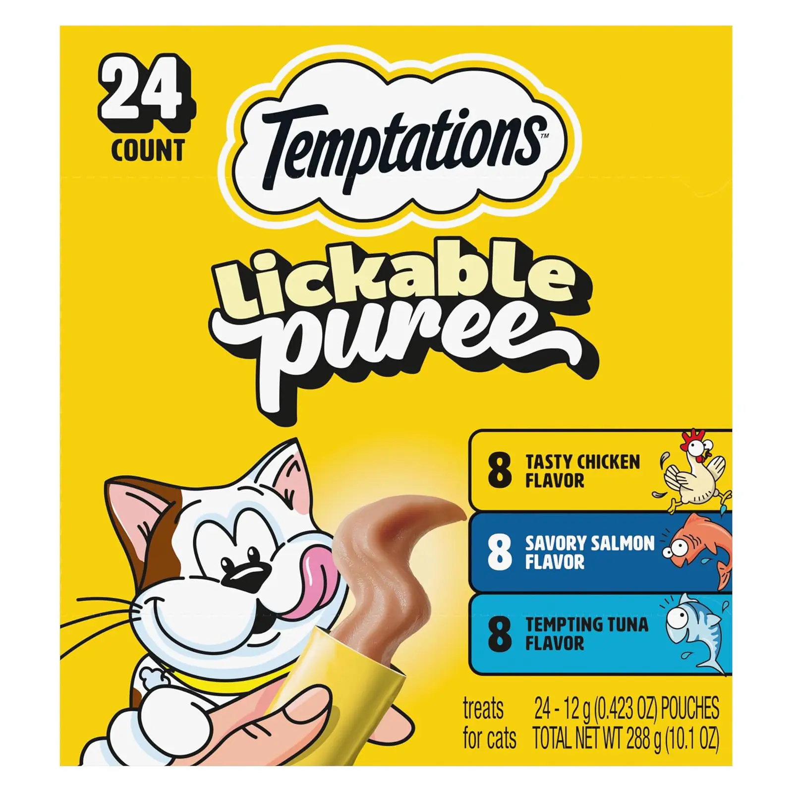 Temptations Creamy Puree Cat Treats, Chicken, Salmon & Tuna, 24 Count Under 15 calories per tube, great for senior cats, no chewing required, no added sugar, fillers, or artificial preservatives