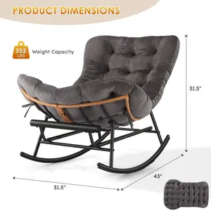 Oversized Papasan Rocking Chair Footstool – Outdoor & Indoor, Sturdy Wicker Frame, Extendable Footrest, Detachable Padded Cushion, Comfortable Lounge for Porch, Lawn, Bedroom, Living Room – Dark Grey-Flannel/Beige