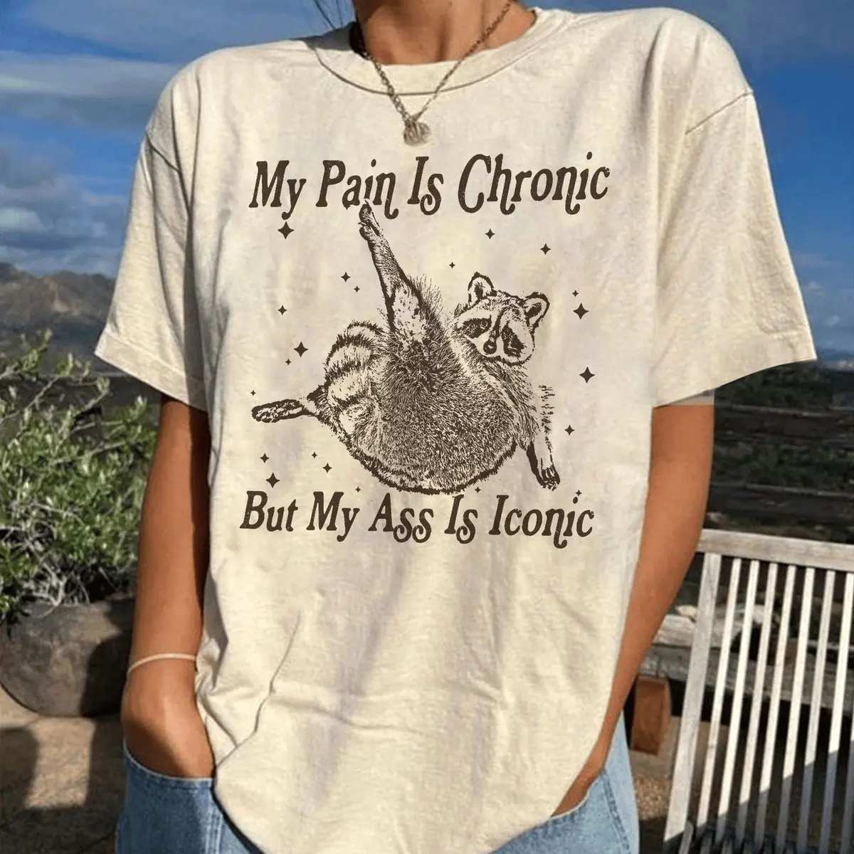 Women's Casual Short Sleeve T-shirt with "My Pain Is Chronic But My Ass Is Iconic" Raccoon Graphic Print, Funny Spoonie Humor Tee, Feminist Meme Top, Shortsleeve, Prints