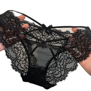 Purple Strappy Sexy Panties Women, Pure Lace French Mesh Comfortable Alluring Hollow-Out Thong Seamless Crotch Design Womenswear