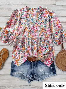 Women's American Country Floral Printed Top, V Neck Loose Fit, French Lazy Style Slimming Concealing Shirt Blouse, Casual Half Sleeve Long Tee