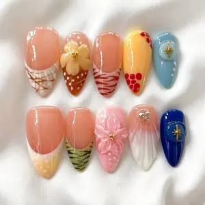 Handmade Press on Nails Almond Shape Nails 3D Flowers, Spring Nails, Summer Nails, Wedding Nails, Naturalglow False nails Blush Zebra Multi-color Gradient French Tip Set, Acrylic False Nail Reusable Easy to Wear for Parties, Daily & Dancing, Nail Art