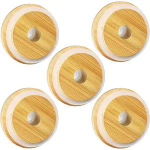 Bamboo Lids for Glass Cups and 16 OZ Beer Can Glass, Bamboo Mason Jar Lids Regular Mouth with Straw Hole, 70mm/2.75 Inch Replacment Wooden Cover (regular mouth 5 pcs)