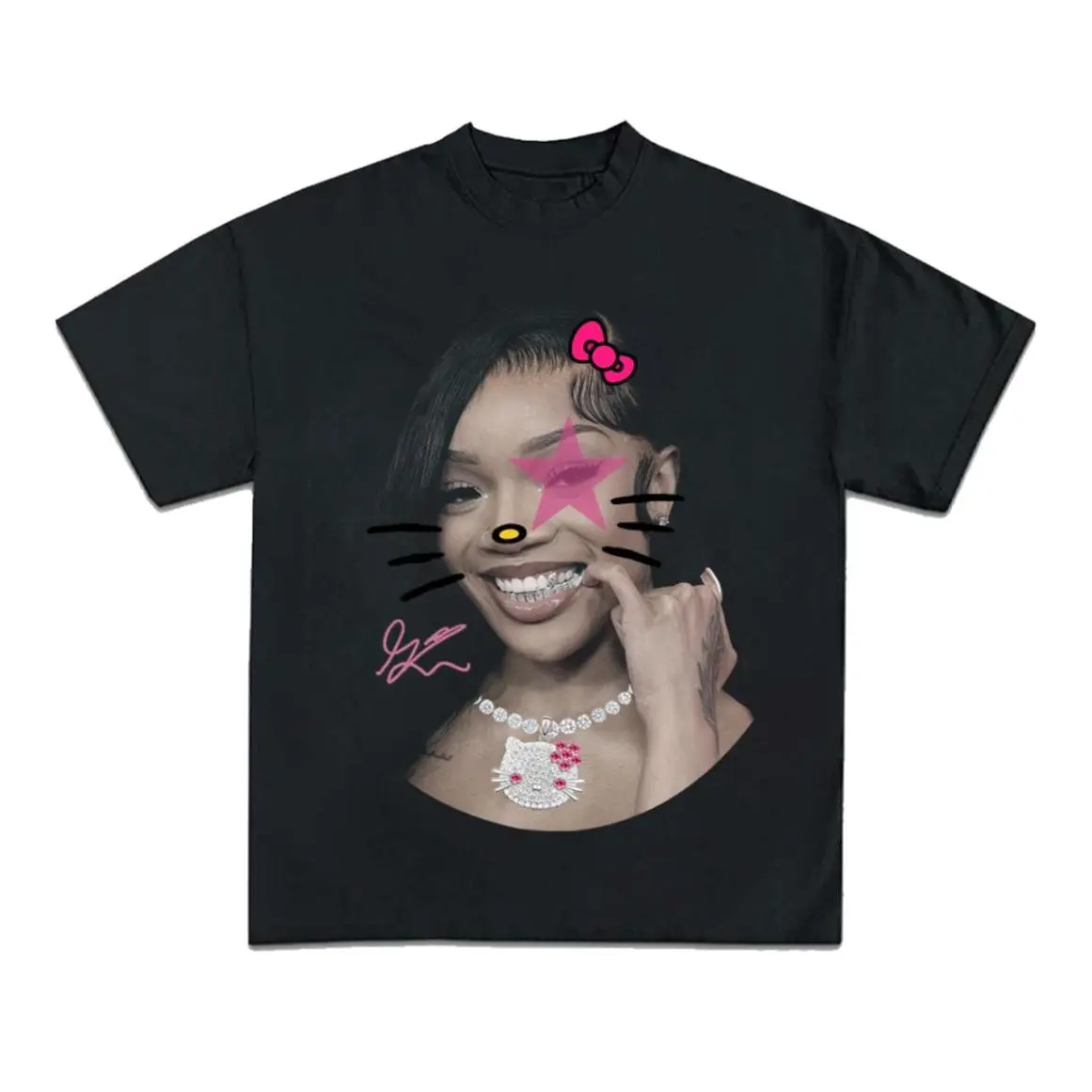Big Glo Kitty Pink Star Graphic T-Shirt, Trendy Rap Streetwear T-Shirt, Cool Colors, Brighten Up Your Look, Classic Fashion Tee