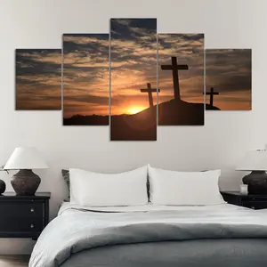 Cross At Sunset Pattern Unframed Painting, 5 Counts/set Canvas Wall Art Poster, Artistic Wall Art Decor for Home Living Room Bedroom Office, Ornaments