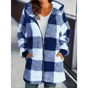 Women's Plush Hooded Jacket, Colorblock Long Sleeve Checkered Coat with Zipper & Pockets, Loose Fit Fall Winter Outerwear Can be used with a raincoat