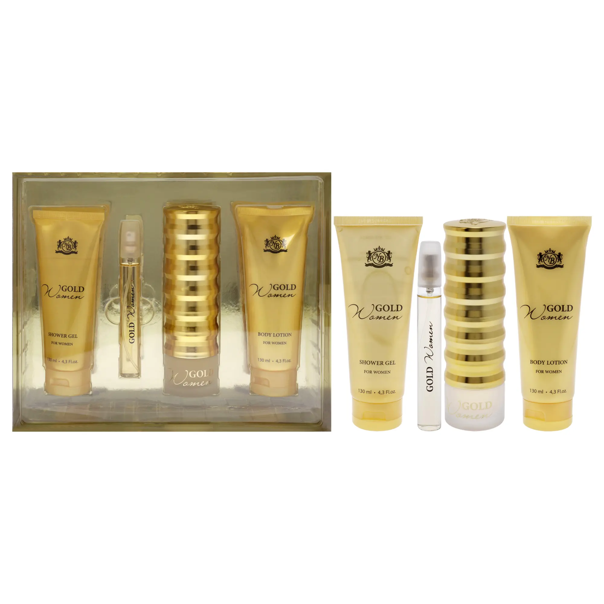 Gold by New Brand for Women - 4 Pc Gift Set 3.3oz EDP Spray, 0.5oz EDP Spray, 4.3oz Shower Gel, 4.3oz Body Lotion