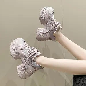 Light Purple Thick Sole Glitter Sneakers, Lace-Up Design, Fresh and Sweet Style, Fashionable Versatile Women's Casual Shoes