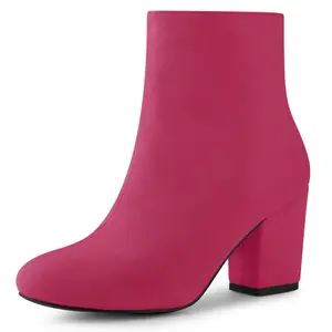 BLISSFUL STEP Round Toe Side Zipper Block Heel Ankle Boots