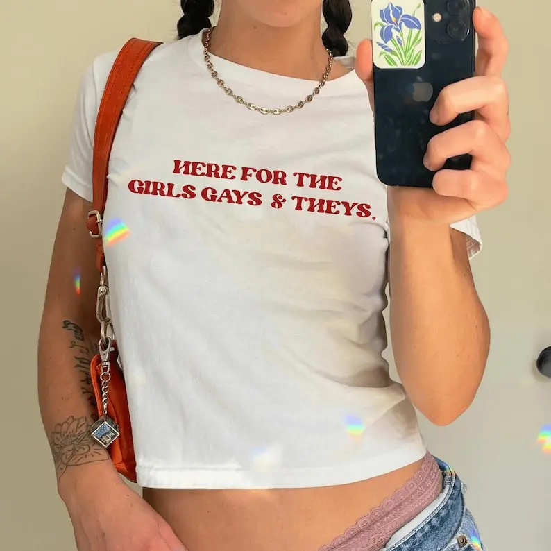 Here For The Girls Gays and Theys Baby Tee, Y2K Pride Month Baby Tee, LGBTQ Pride Shirt, Pride Baby Tee Women, Queer Baby Tee, Lesbian Tee