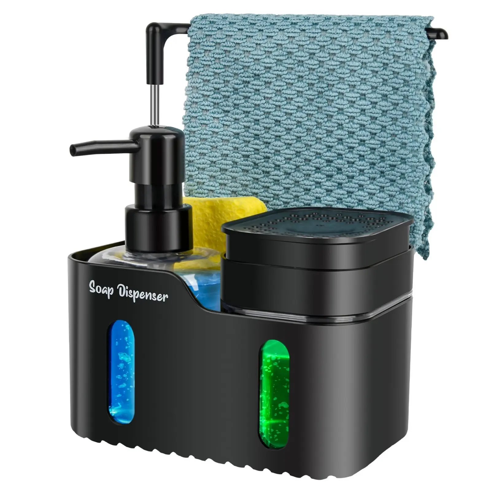 Hand Soap and Dish Soap Dispenser Set for Kitchen, Dual Soap Dispenser with Sponge Holder and Dishcloth Holder 4-in-1 Organizer for Kitchen Sink
