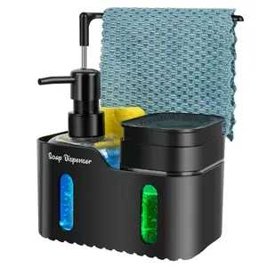 Hand Soap and Dish Soap Dispenser Set for Kitchen, Dual Soap Dispenser with Sponge Holder and Dishcloth Holder 4-in-1 Organizer for Kitchen Sink