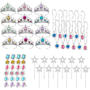 60 Pcs Princess Tiaras Crown Pretend Play Dress Up Set - 12 Crowns 12 Wands 24 Rings 12 Necklaces Princess Jewelry Toys for Girls Costume Party Accessories