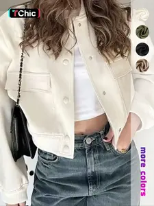 Women's Plain Flap Pocket Crop Fitted Bomber Jacket, Casual Long Sleeve Button Front Varsity Jacket, Ladies Outerwear Coats for Daily Wear