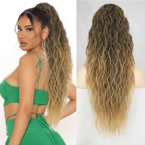 Black Women's French-Designed Bohemian Drawstring Clip-In Wavy Curly Ponytail Extension - 26-In Handwoven Boho Wave Heat-Resistant Synthetic Hair, Ideal for Ponytail Hairstyles, Clip-In Hair Solutions