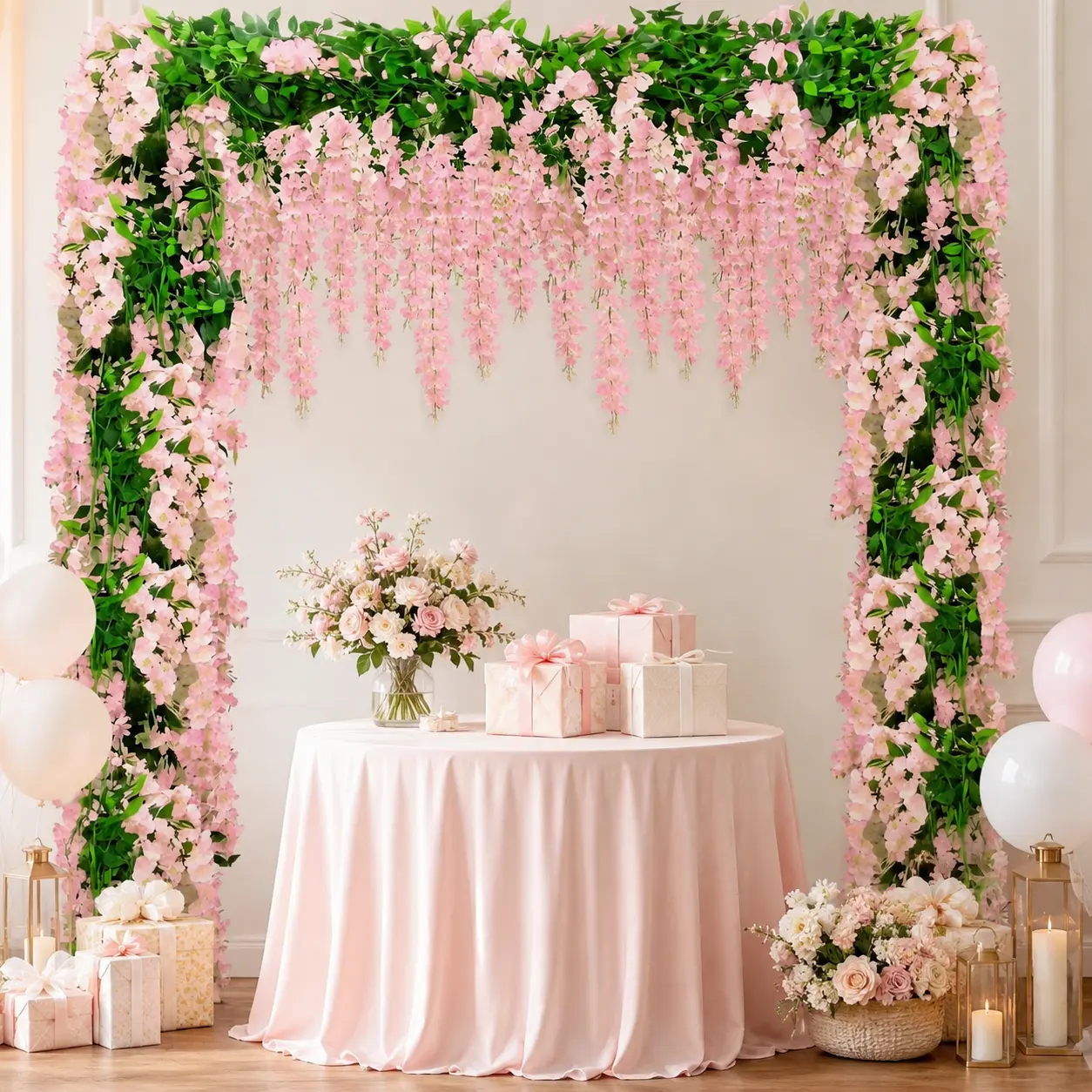 4-Piece Artificial Wisteria Vine Garland, 23 ft Total, Light Pink Hanging Flowers for Weddings, Arches, Parties, and Home Decor