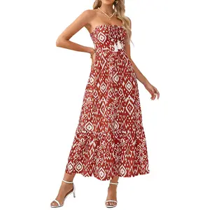 Women Tiered Maxi Dress Casual Strapless Above Ankle Length Swing Dress