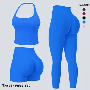 Jetjoy Workout Sets for Women 3 Piece,Seamless Longline Halter Backless Crop Top +Hidden Scrunch Bum Shorts +Mid Waist Leggings Sets Gym Yoga WorkOut Clothes, Matching 3 Piece Sets Gym Outfits Workout Tracksuits