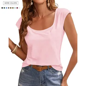 Danedvi Women's Minimalist Cap-Sleeve Scoop-Neck Cotton-Spandex T-Shirt, Casual Solid-Color Basic Lady Tops for Daily Wear, Women's Clothes