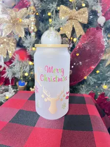 Holiday Cheer Glass Cup Tumbler with Straw & Lid (18oz)