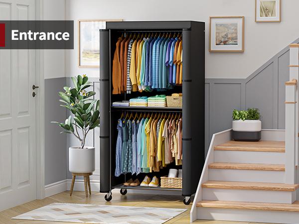Black Iron Frame Wardrobe Rack with Cover - 35.4"x17.7"x79.7", Heavy Duty, Rust-Resistant, Open Front, Lockable Wheels, Bedroom Use, Home Organizer Storage Closet