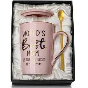 Mothers Day Birthday Gifts for Mom from Daughter Son 14Oz Funny Best Mom Mug with Gold Print Unique Pink Marble Coffee Cup with Lid Spoon Greeting Card Happy Moms Gifts Idea Luxury Gift Boxed Set Drinkware Tumbler