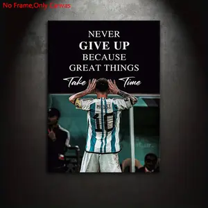1 piece/set frameless canvas painting print poster, minimalist realistic style art, Lionel Messi inspirational quotes, a perfect gift for football culture enthusiasts, ideal gift for bedroom, living room, dorm hallway, kitchen, mural, wall decoration