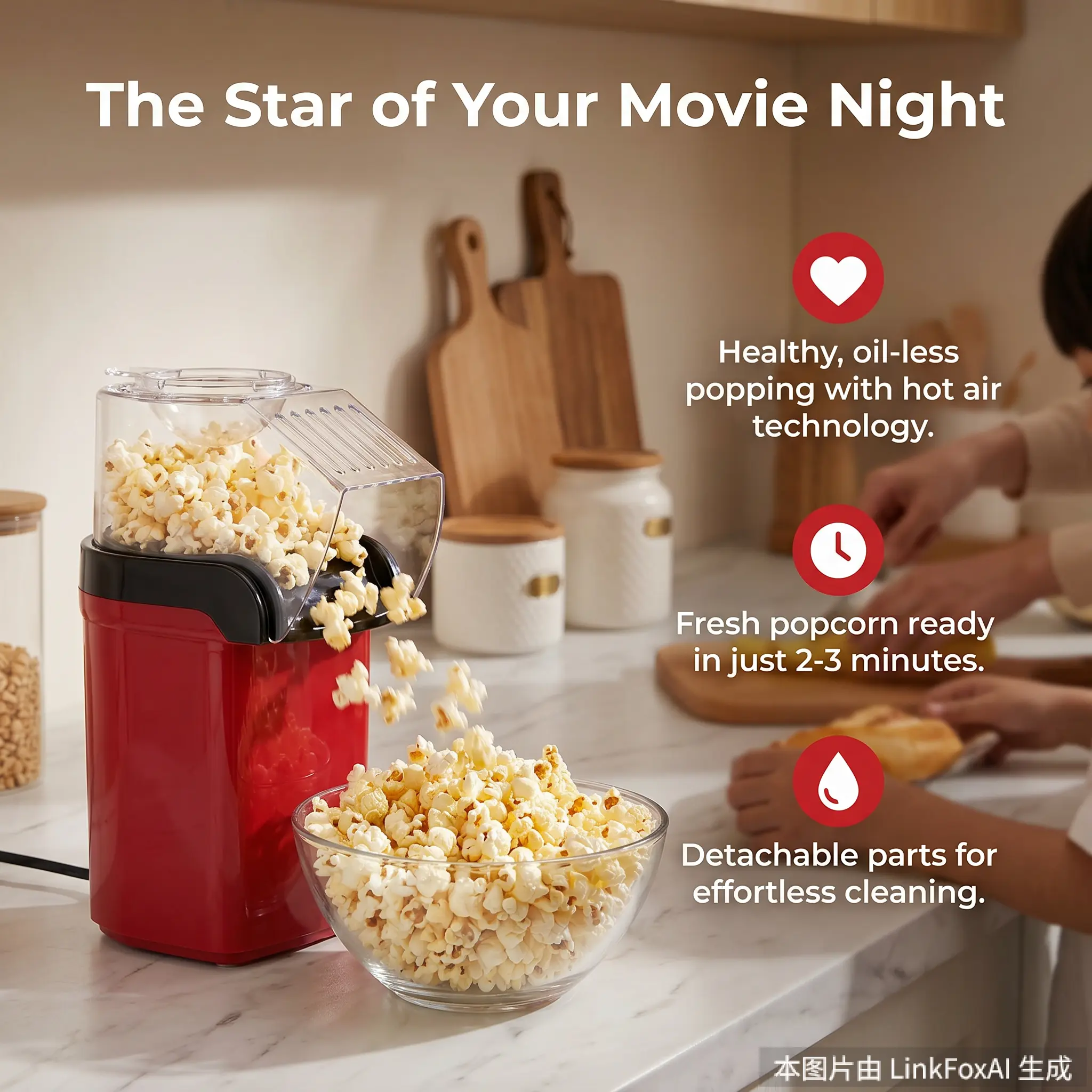Popcorn Maker  Home 1200W Popcorn Machine - Kitchen Gadget for Family Use, Pops Popcorn in 1 Minute, No Butter Required, Supports Healthy Eating, Ideal for Movie Nights & Weekend Gatherings