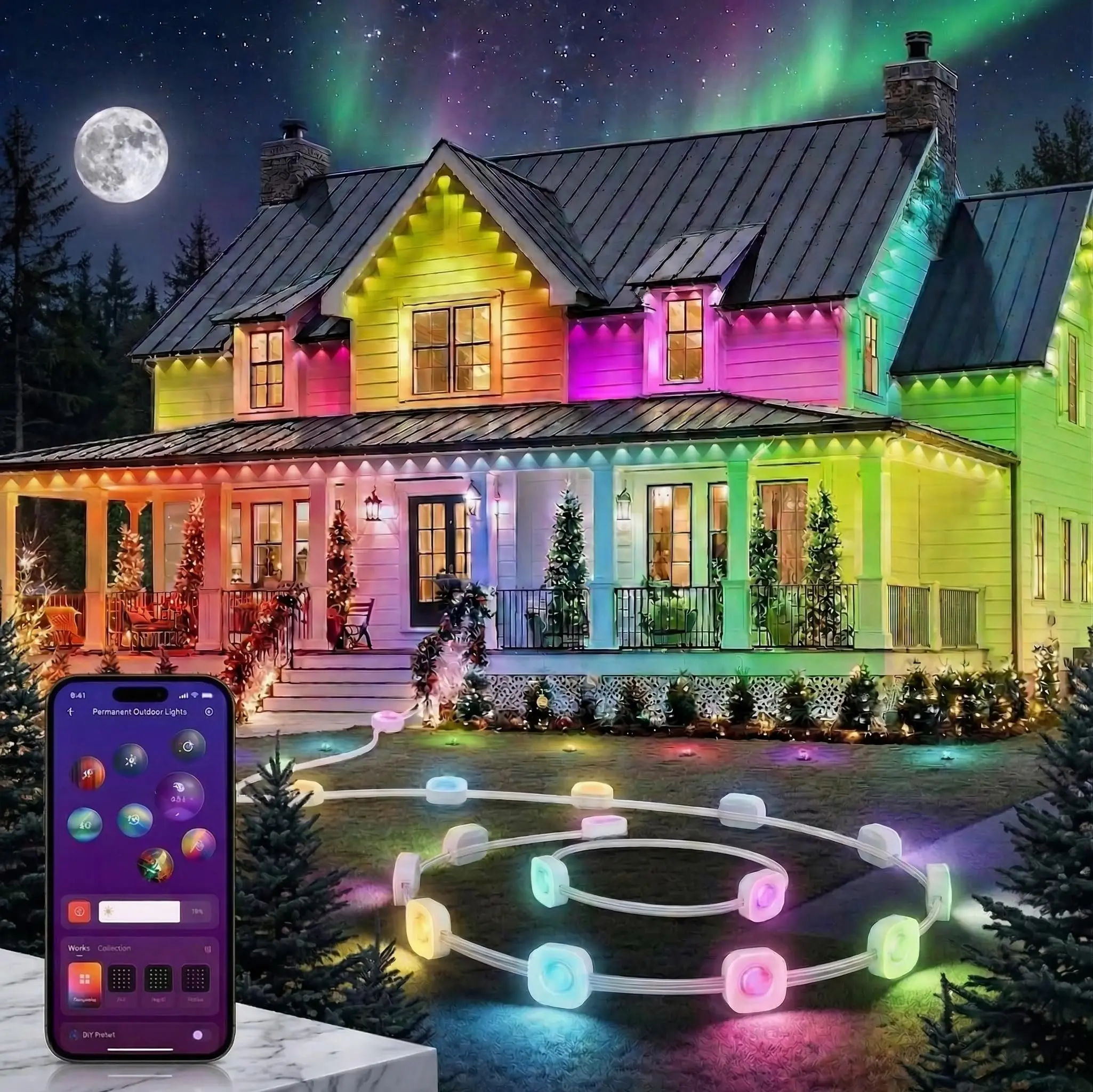 YEELIGHT Permanent Outdoor Lights, 150FT RGB LED String Lights with 16 Million Colors and Music Sync, Outside Lights for House with App Control, Waterproof Outside Eaves Lighting Decor for Parties