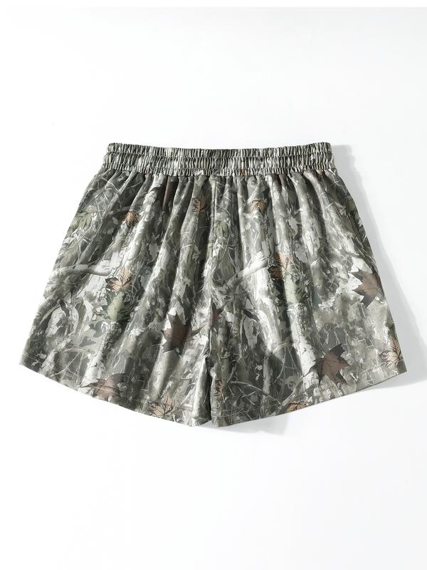 Vintage Street Withered Branch Camo Print Loose-Fit Gym Shorts, Casual All-Season Wear, Moderate Fabric Thickness, Kint Style, Athletic Shorts