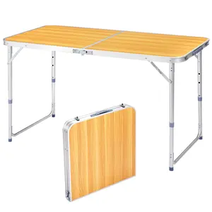 4Ft Portable Multipurpose Folding Table – Wood Grain Aluminum Frame Outdoor Dining Table, Adjustable Height 21.6-27.5 Inch, 50KG Capacity, Lightweight Camping Picnic Party Table