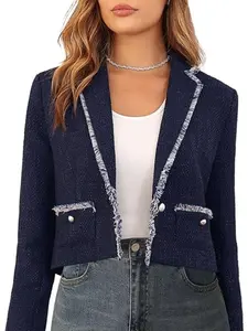 M.Infisavo Women's Crop Tweed Blazer 2026 Fashion Elegant Notch Lapel Open Front Cardigan Casual Office Jacket Pockets