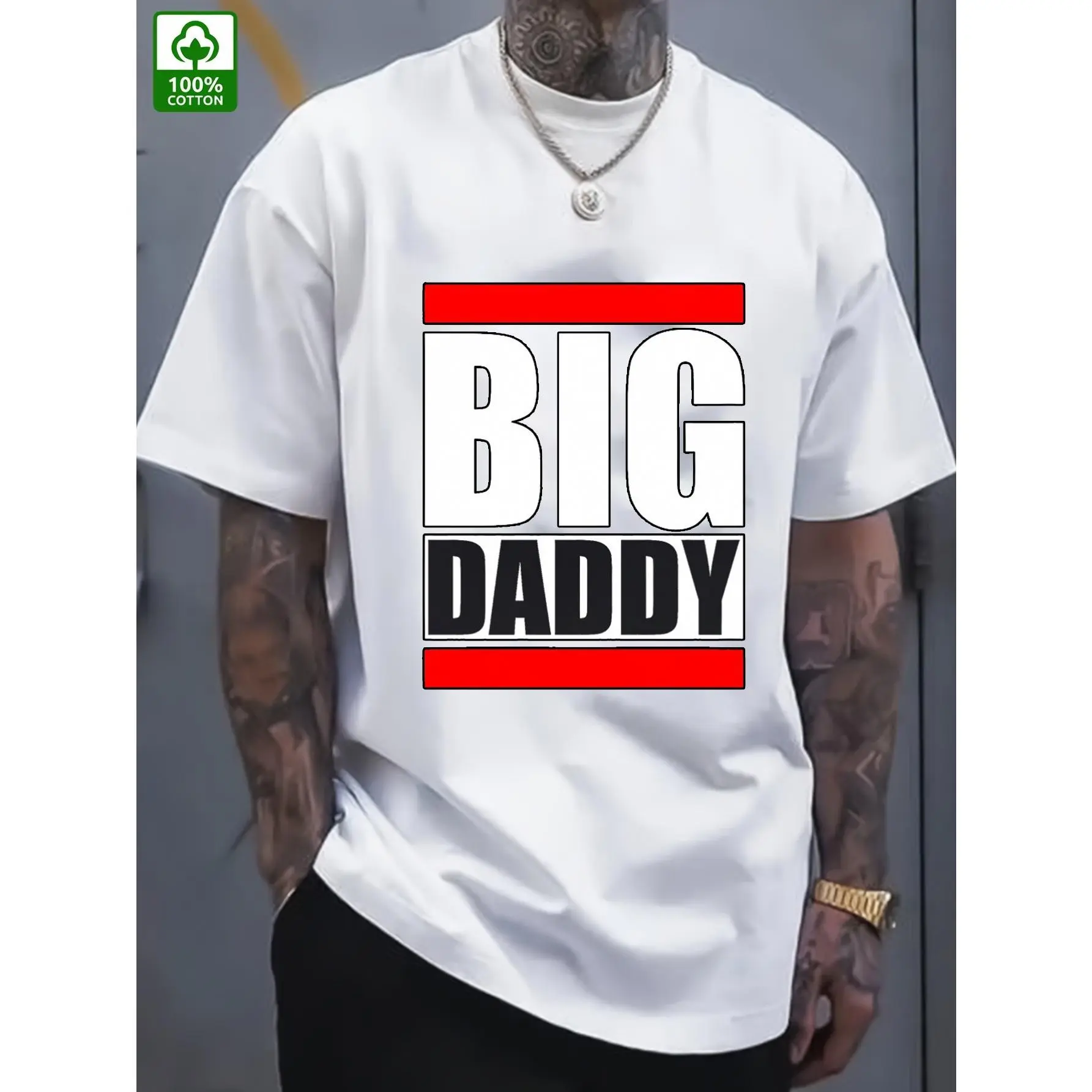 Men's Plus Size T-Shirt with 'BIG DADDY' Graphic Print, Soft 100% Cotton Knit, Oversized Loose Fit Streetwear for All Seasons, Casual Wear, Printed