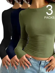 Women's 3-Pack Slim Fit Long Sleeve Crop Tops, Casual, Soft Stretchy Modal Fabric, Crew Neck Ruched Waist Basic Layering Tees for Daily & Going Out - Multi-Color Set Options (Black/White/Grey, Black/White/Red) Womenswear