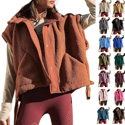 SCUSTY Women's Fleece Vest Sleeveless Button Down Piecing Fuzzy Sherpa Gilet Jacket with Pockets Casual Basic Tops Minimalist Vneck