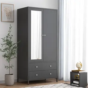 【GOOGREAT】Metal Armoire Wardrobe Closet with 2 Drawers, Mirror Door and Hanging Rod, Metal Clothing Storage Cabinet, Garment Organizer with Magnetic Door - Dark Grey