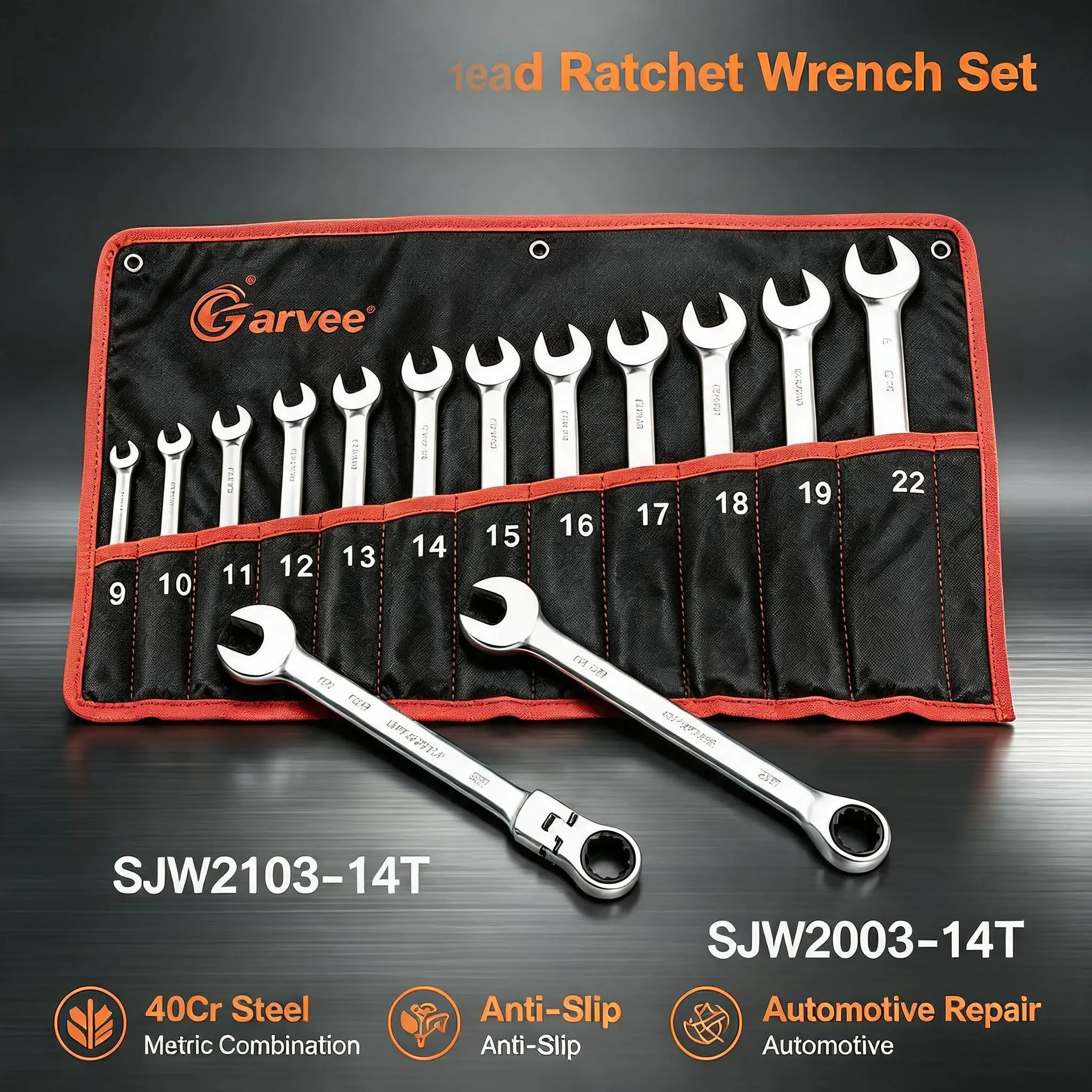 【Garvee】14-Piece Fixed Head Ratchet Wrench Set – Made of 40Cr Steel, Metric Combination Anti-Slip Wrench – Automotive Repair Tool, Wear-Resistant – for Mechanics