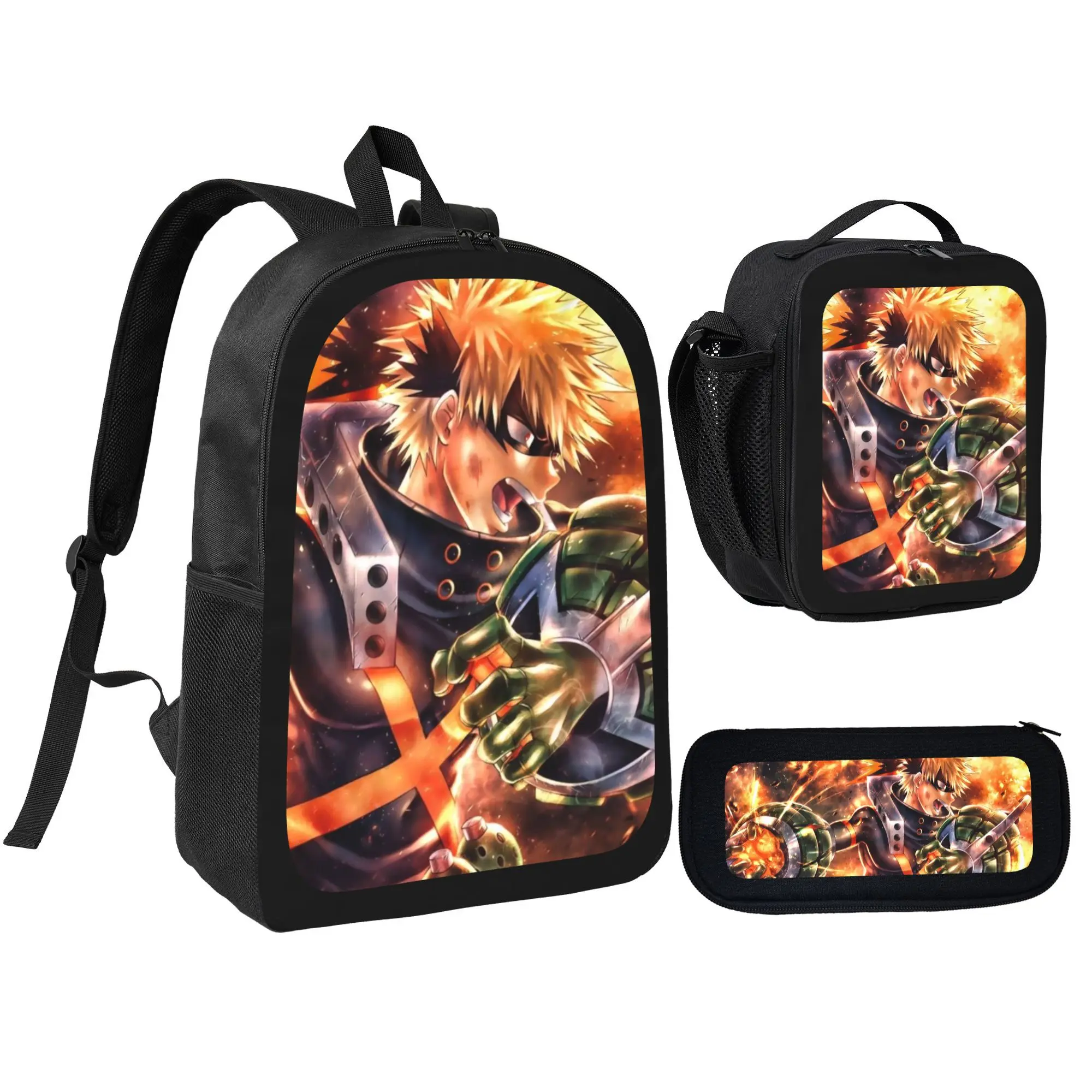 My Hero Academia Fan Gift Set - 3-Piece Backpack, Lunch Box & Pencil Pouch, Durable Polyester, Perfect for Kids Aged 6-14, Featuring Iconic Anime Characters