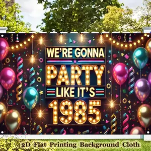 [Neon Party Banner]  1985 Neon Party Banner - Retro 70s 80s 90s Retro Polyester Backdrop with Balloons, Confetti & Neon Lights for Birthday Celebrations, Dance Parties, Indoor/Outdoor Decor, Neon Party Decorations, Party Decoration, Retro Style White