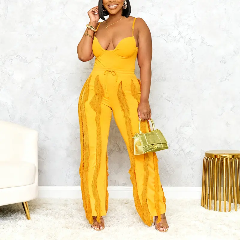 Halfword Fringe Set for Women 2 Piece Outfits Tassel Long Pants Set Adjustable Suspenders Bodysuit Spaghetti Strap Clubwear Casual Lightweight Polyester Elegance Womenswear Loungewear Yellow Pleated Plisse Set Chic Elegant Sleeveless Formal Basic