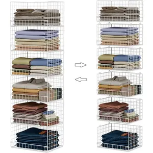 6-Tier Stackable Closet Organizers and Storage Shelves, Closet Shelf Organizer Basket Bins, Foldable Sweater Storage for Clothes Organizer System, White