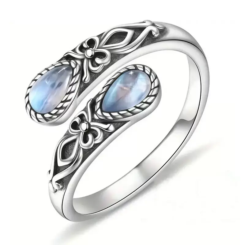 Moonstone Women's Adjustable Thumb Open Ring, Victoria Vintage Style Hypoallergenic Nickel Free, Retro Floral, Lucky, Faith, Mother's Love Ring, Bohemian Vintage Style, Daily, Party, Holiday, Valentine's Day, Halloween, Easter Gift