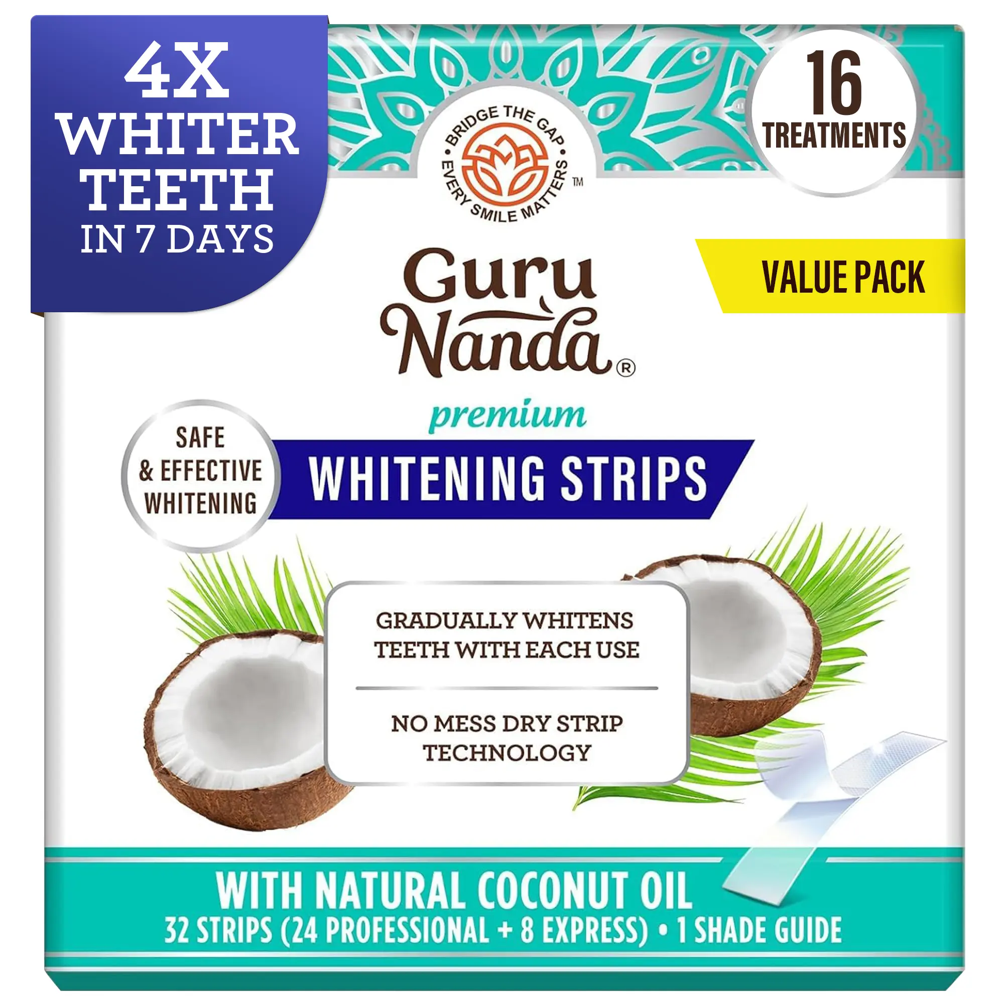 GuruNanda Teeth Whitening Strips - 16 Day Treatment (16 Packets - 2 Strips per pack) - Non-Slip, Dry Strip Technology