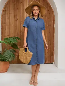 INSPIRE CHIC Women's Midi Denim Dress Summer Short Sleeve Button Down Casual Loose Long Tunic Jean Shirt Dress
