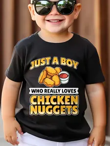 Boys' Cotton T-shirt - Letter Print & Chicken Nugget Pattern Print, Soft & Comfortable, Round Neck, Short Sleeves