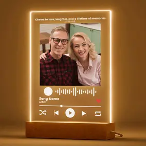 Custom Song Plaque with Picture, Personalized Music Acrylic Plaque with LED Wooden Base Night Light, Customized Valentine's Day Anniversary Photo Gift for Him & Her