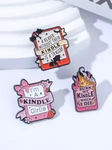 3pcs Kindle Reader Brooch Enamel Pins Sweet Gothic Humor Book Lover Badges Cute Pink Bow Dark Bat Burning Flame Design Fun Bookish Accessories for Kindle Fans Reading Gifts Book Club Durable Metal Pins