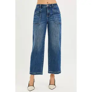 RISEN Slouchy Cropped Baggy Jeans with Front Patch Pocket in Dark Wash