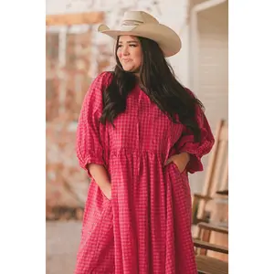 Alexa Hot Pink Gingham Dress - MCO - Maternity Friendly - V Neckline - Oversized - Flattering - Comfortable 