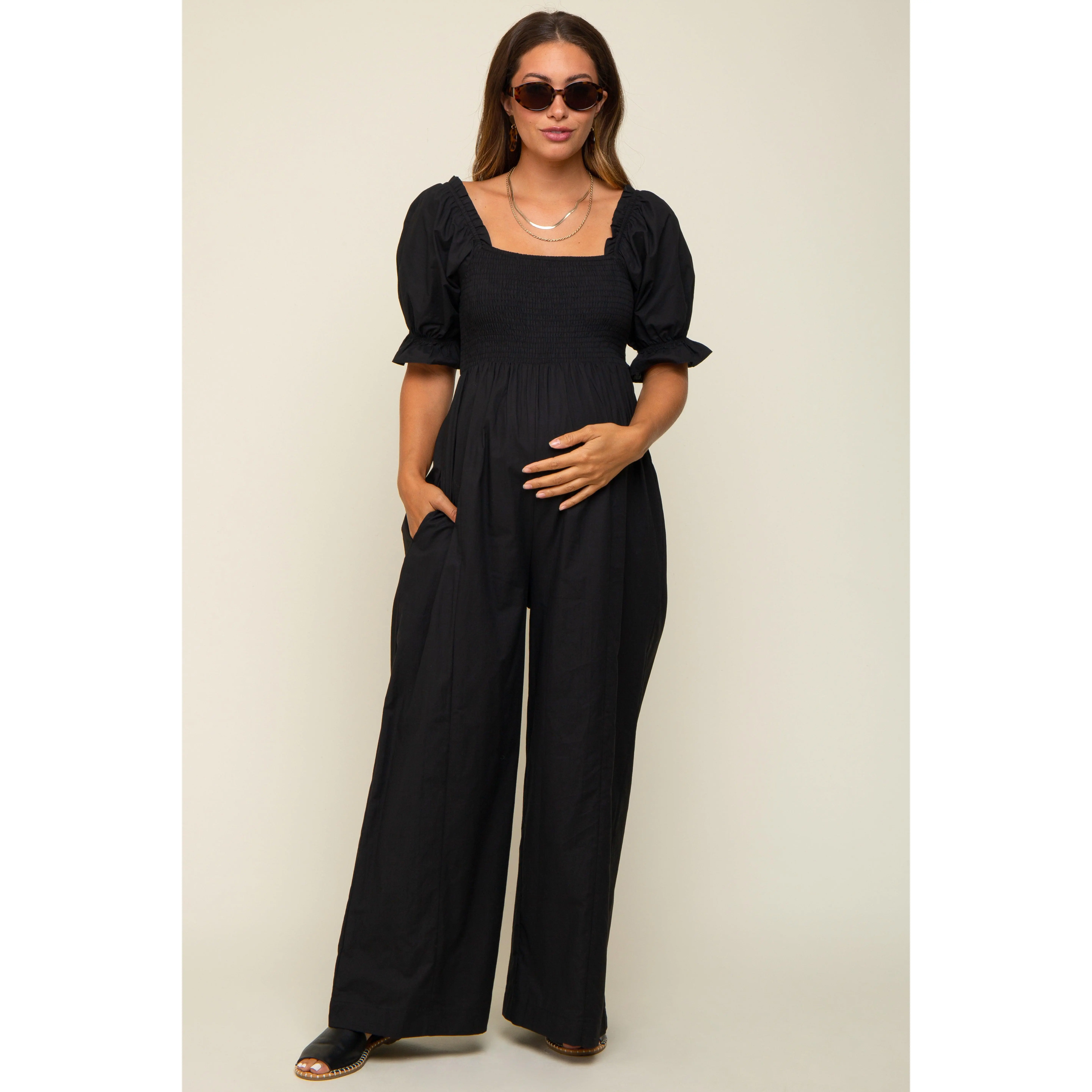 Black Smocked Square Neck Wide Leg Maternity Jumpsuit